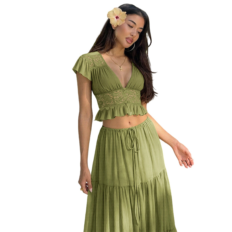 Elegant Lace V-Neck Top & Maxi Skirt Set