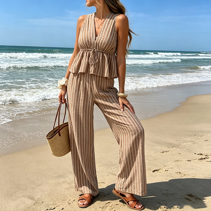📢📢40% OFF TODAY! ⏰ Women's Striped V-Neck Top & Wide-Leg Pants Set ✨ Effortlessly Chic, Comfortable & Flattering