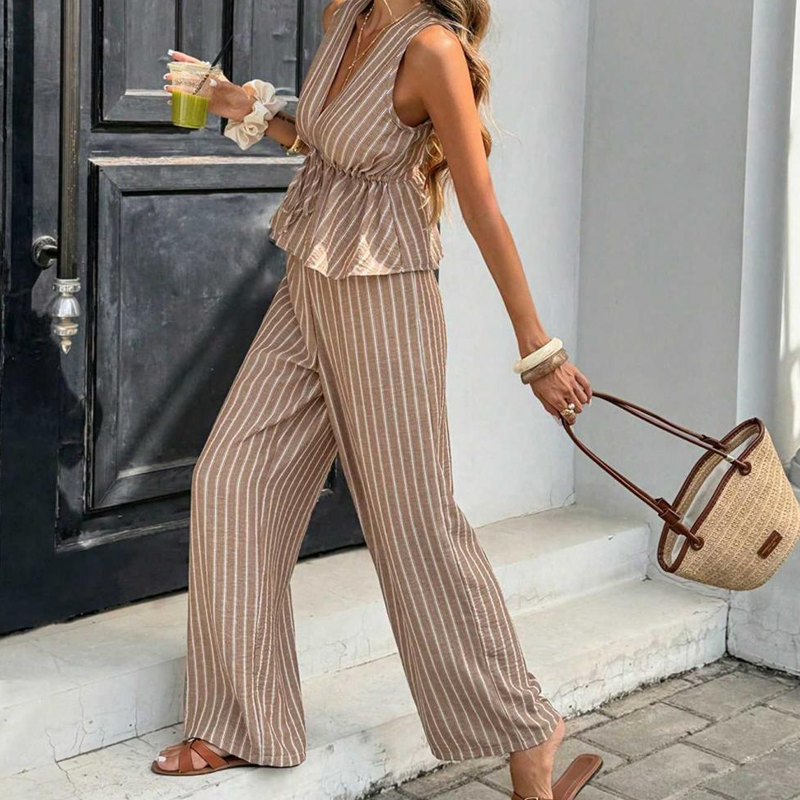 📢📢40% OFF TODAY! ⏰ Women's Striped V-Neck Top & Wide-Leg Pants Set ✨ Effortlessly Chic, Comfortable & Flattering