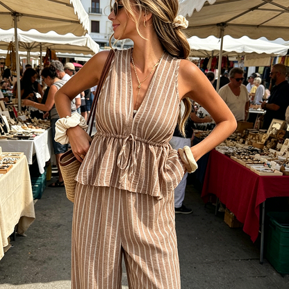📢📢40% OFF TODAY! ⏰ Women's Striped V-Neck Top & Wide-Leg Pants Set ✨ Effortlessly Chic, Comfortable & Flattering