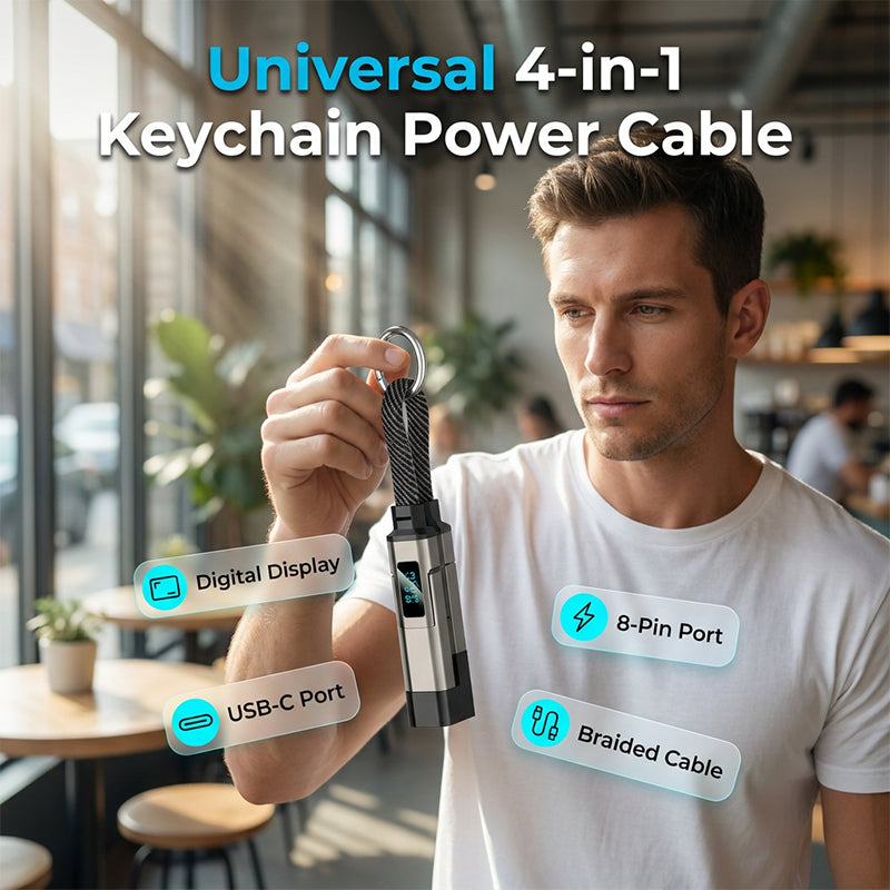 🚨 The Only Charging Cable You’ll Ever Need! 🔋4-in-1 Digital Display Keychain Charging Cable ⚡ Fast Charging, Portable & Multi-Device Compatible