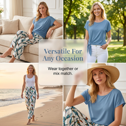 🔥 49% OFF NOW! 👗 Women's Side-Tie Top & Patterned Pants Set ✨ Effortless Style with a Unique Twist
