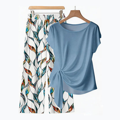 🔥 49% OFF NOW! 👗 Women's Side-Tie Top & Patterned Pants Set ✨ Effortless Style with a Unique Twist