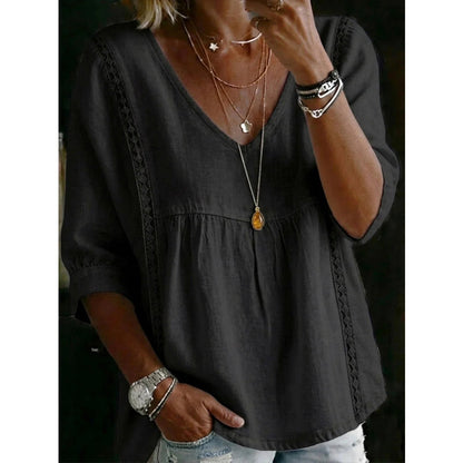 🌼 Women’s Casual V-Neck Lace Trim Top – Romantic Lace, Flowy Fit & 3/4 Sleeve Elegance 💕