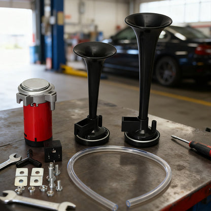 📯 LIMITED-TIME 50% OFF! 🚗 Universal Dual Trumpet Air Horn Kit – 115dB, 12V, Complete Installation Kit 🔊