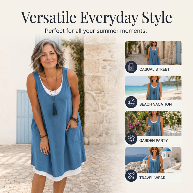 🌺Summer Hot Sale 50% OFF💐Women's Sleeveless Fake 2-Piece Dress