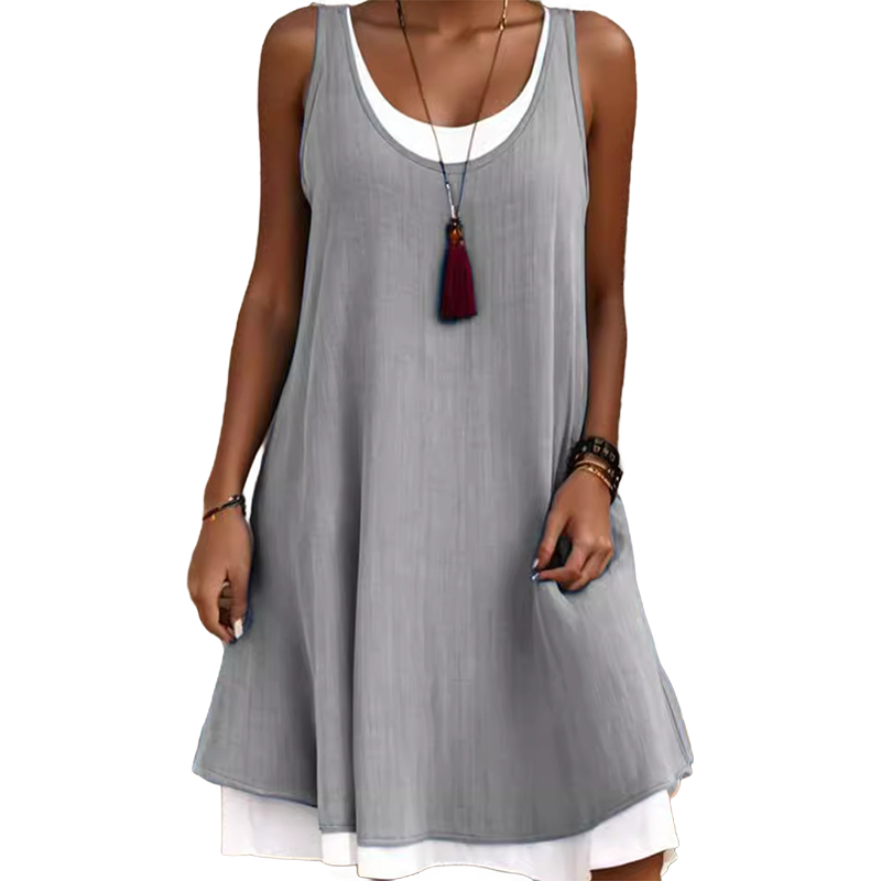 🌺Summer Hot Sale 50% OFF💐Women's Sleeveless Fake 2-Piece Dress
