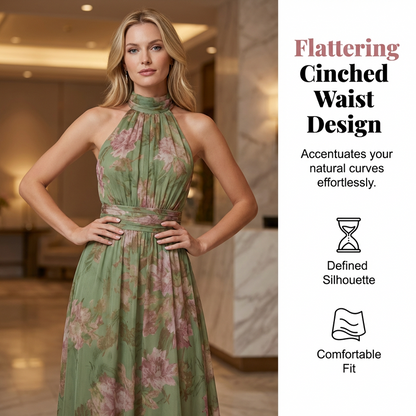 🎁2026 New Arrivals 50% OFF💥Elegant Floral Print Halter Neck Maxi Dress