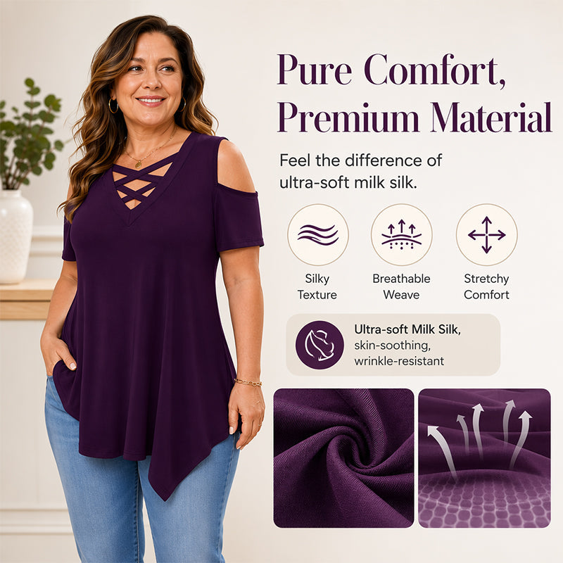 👚Top Pick - Criss Cross Cold-Shoulder Blouse – Flowy & Flattering for Beach Days or Evening Outings 🌿