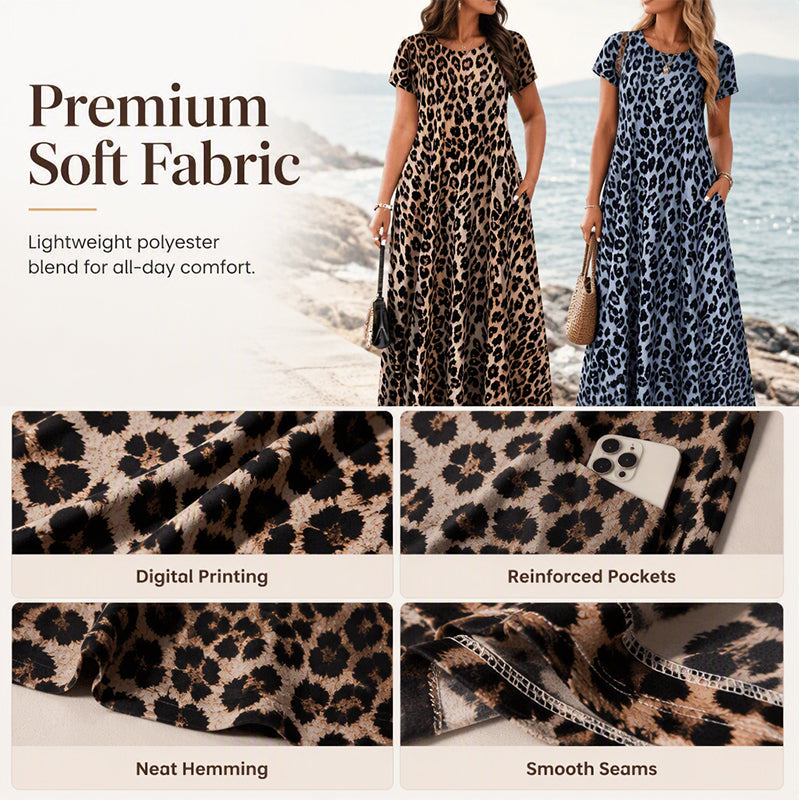 🏖️Summer Hot Sale 50% Off!💃Women's Leopard Print Maxi Dress with Pockets Casual Short Sleeve Long Dress