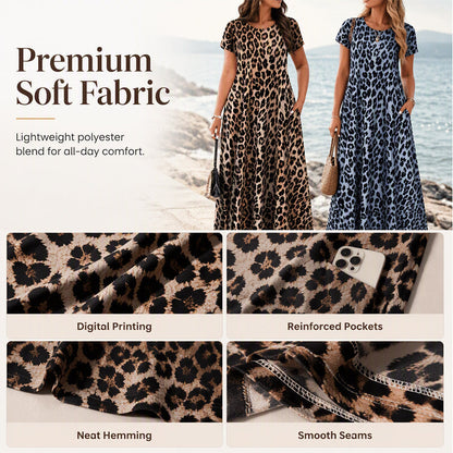 🏖️Summer Hot Sale 50% Off!💃Women's Leopard Print Maxi Dress with Pockets Casual Short Sleeve Long Dress