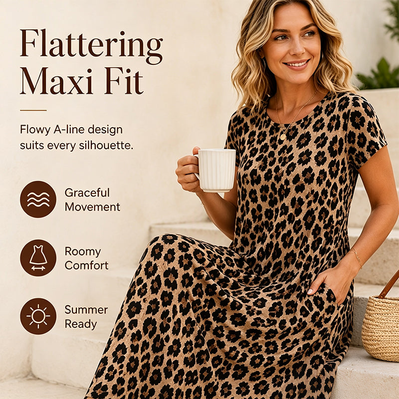 🏖️Summer Hot Sale 50% Off!💃Women's Leopard Print Maxi Dress with Pockets Casual Short Sleeve Long Dress