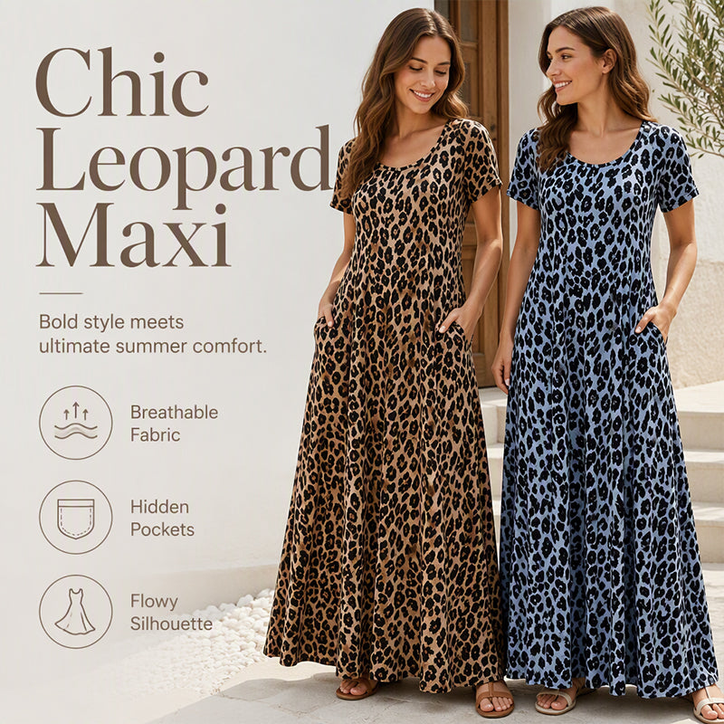 🏖️Summer Hot Sale 50% Off!💃Women's Leopard Print Maxi Dress with Pockets Casual Short Sleeve Long Dress