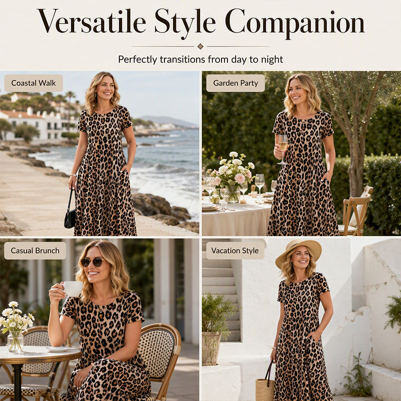 🏖️Summer Hot Sale 50% Off!💃Women's Leopard Print Maxi Dress with Pockets Casual Short Sleeve Long Dress