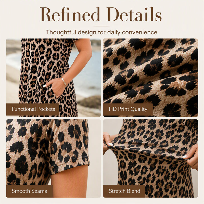 🏖️Summer Hot Sale 50% Off!💃Women's Leopard Print Maxi Dress with Pockets Casual Short Sleeve Long Dress