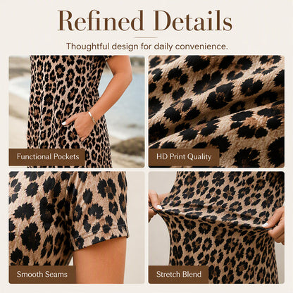 🏖️Summer Hot Sale 50% Off!💃Women's Leopard Print Maxi Dress with Pockets Casual Short Sleeve Long Dress