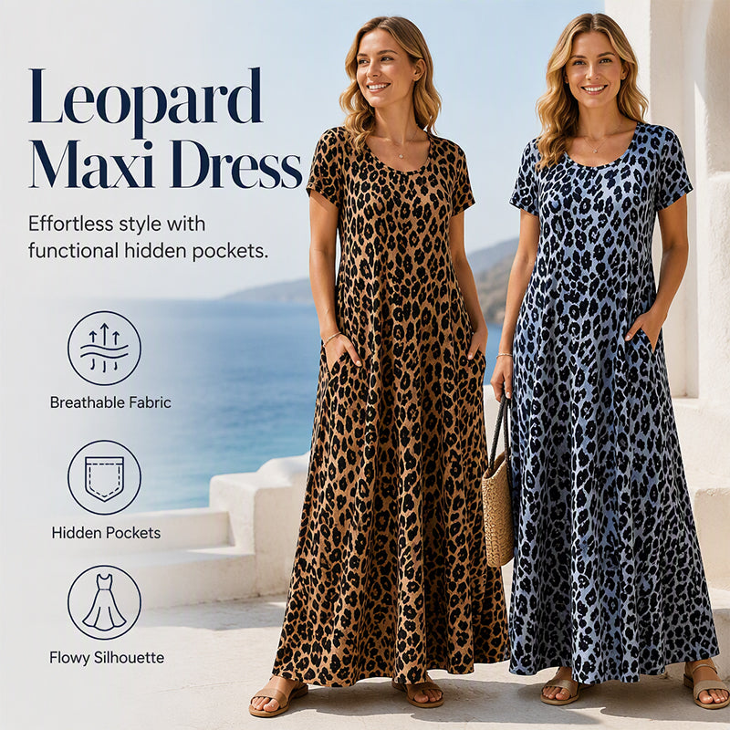 🏖️Summer Hot Sale 50% Off!💃Women's Leopard Print Maxi Dress with Pockets Casual Short Sleeve Long Dress
