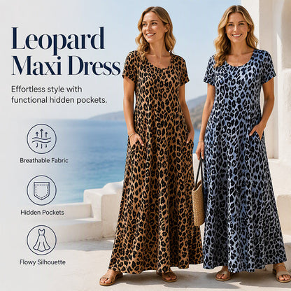 🏖️Summer Hot Sale 50% Off!💃Women's Leopard Print Maxi Dress with Pockets Casual Short Sleeve Long Dress