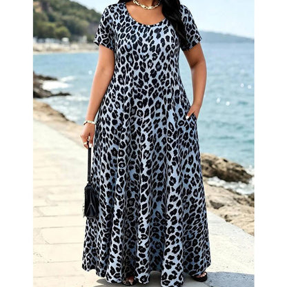 🏖️Summer Hot Sale 50% Off!💃Women's Leopard Print Maxi Dress with Pockets Casual Short Sleeve Long Dress