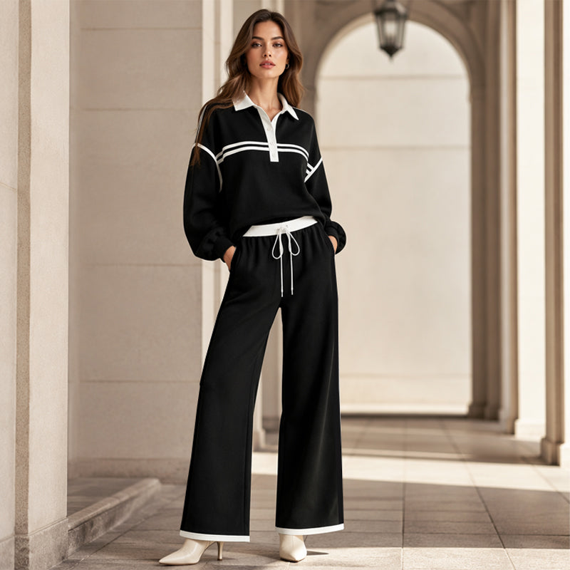 Trending Now👚👖 Striped Patchwork Hoodie & Wide-Leg Pants Set – Relaxed 2-Piece for Effortless Street Style