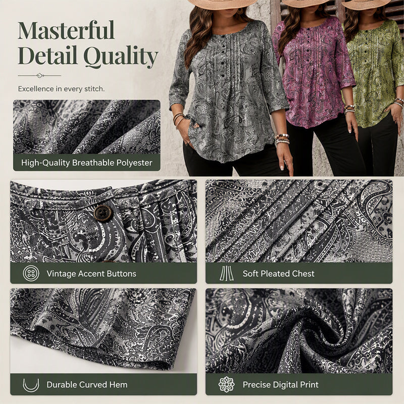 Plus-Size Paisley Blouse – Loose Fit & Curved Hem Design