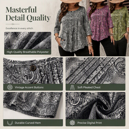 Plus-Size Paisley Blouse – Loose Fit & Curved Hem Design