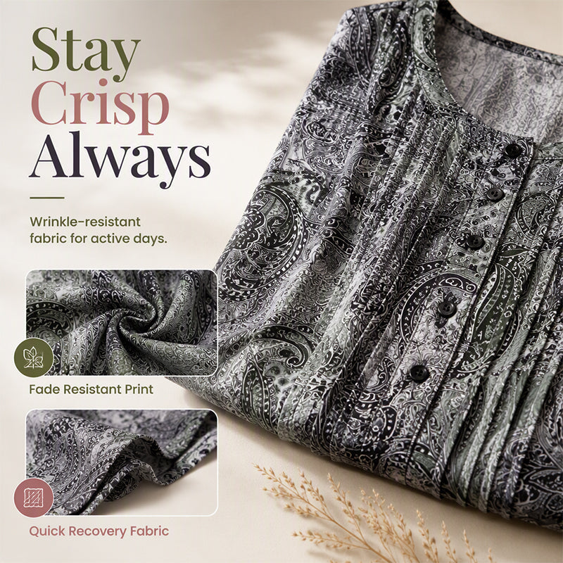 Plus-Size Paisley Blouse – Loose Fit & Curved Hem Design