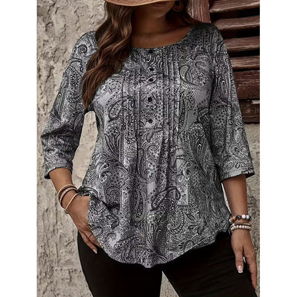 Plus-Size Paisley Blouse – Loose Fit & Curved Hem Design