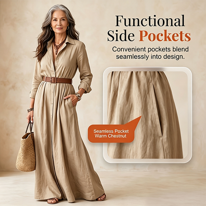 💖Women Long Sleeve Shirt Maxi Dress with Belt Classic Turndown Collar Holiday Resort Long Dress