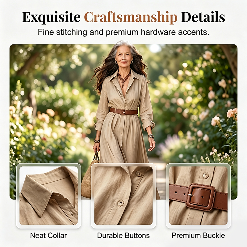 💖Women Long Sleeve Shirt Maxi Dress with Belt Classic Turndown Collar Holiday Resort Long Dress