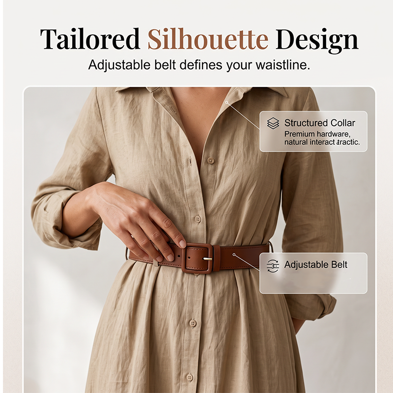 💖Women Long Sleeve Shirt Maxi Dress with Belt Classic Turndown Collar Holiday Resort Long Dress