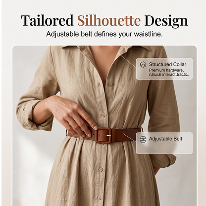 💖Women Long Sleeve Shirt Maxi Dress with Belt Classic Turndown Collar Holiday Resort Long Dress