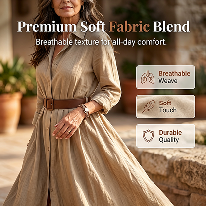 💖Women Long Sleeve Shirt Maxi Dress with Belt Classic Turndown Collar Holiday Resort Long Dress