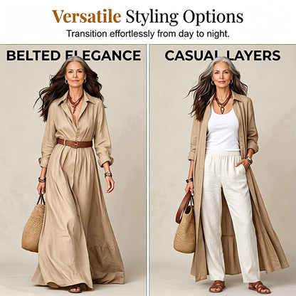 💖Women Long Sleeve Shirt Maxi Dress with Belt Classic Turndown Collar Holiday Resort Long Dress