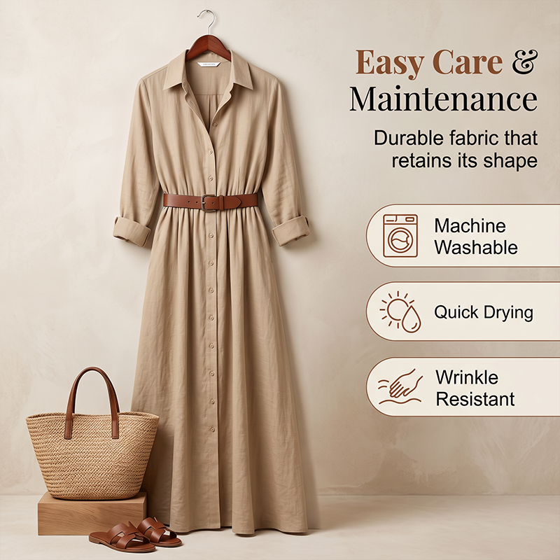 💖Women Long Sleeve Shirt Maxi Dress with Belt Classic Turndown Collar Holiday Resort Long Dress