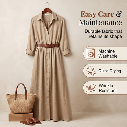 💖Women Long Sleeve Shirt Maxi Dress with Belt Classic Turndown Collar Holiday Resort Long Dress