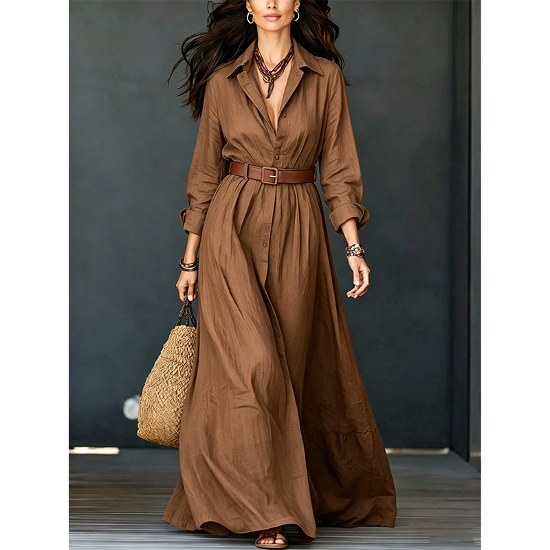 💖Women Long Sleeve Shirt Maxi Dress with Belt Classic Turndown Collar Holiday Resort Long Dress