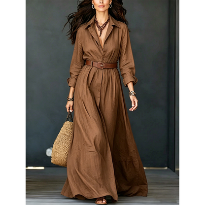 💖Women Long Sleeve Shirt Maxi Dress with Belt Classic Turndown Collar Holiday Resort Long Dress