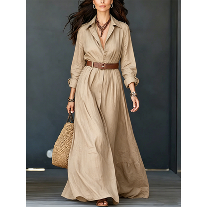 💖Women Long Sleeve Shirt Maxi Dress with Belt Classic Turndown Collar Holiday Resort Long Dress