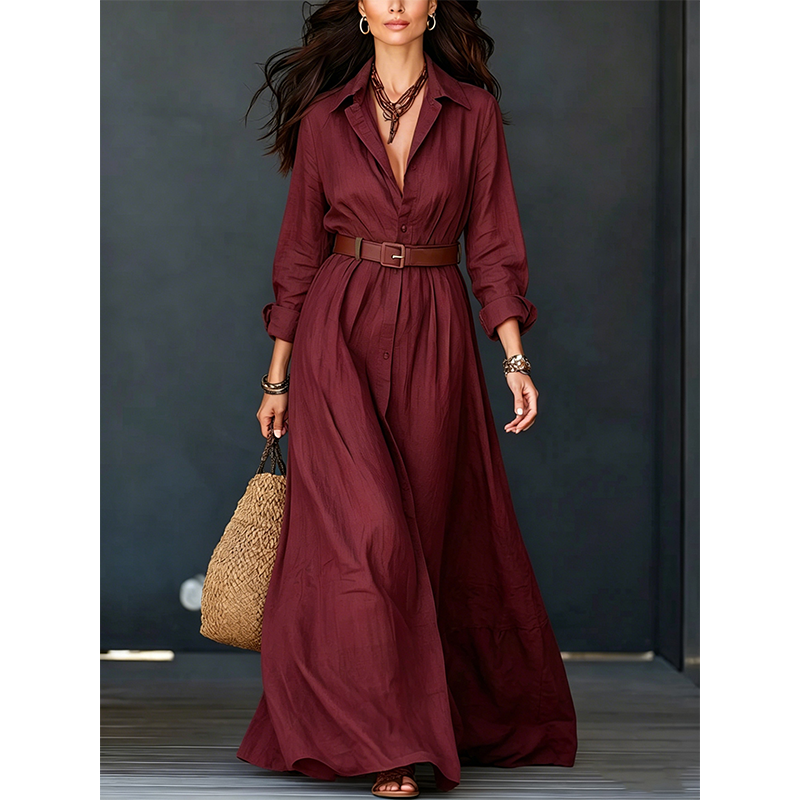 💖Women Long Sleeve Shirt Maxi Dress with Belt Classic Turndown Collar Holiday Resort Long Dress