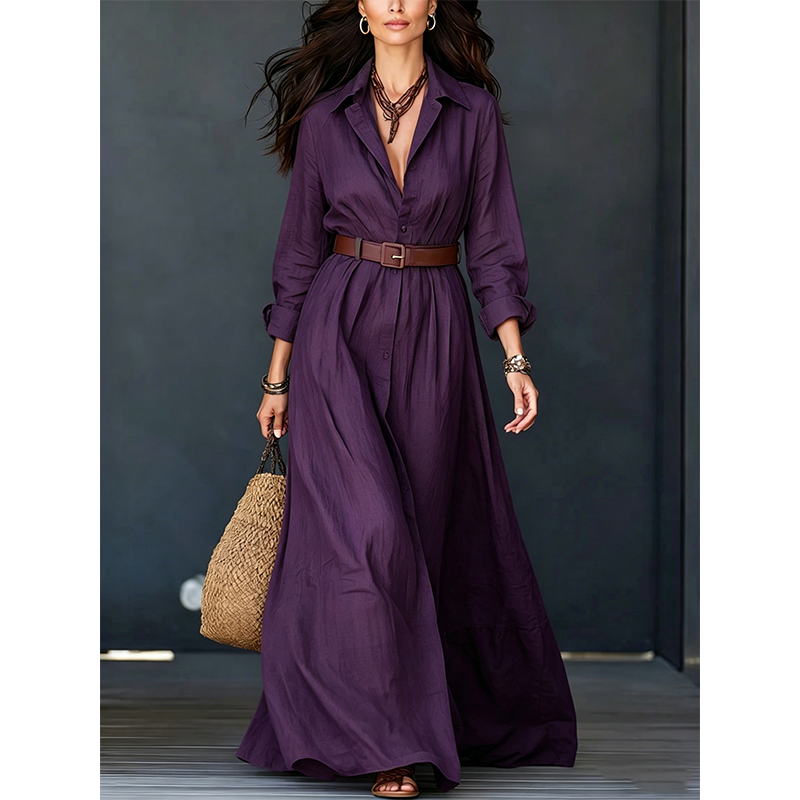 💖Women Long Sleeve Shirt Maxi Dress with Belt Classic Turndown Collar Holiday Resort Long Dress