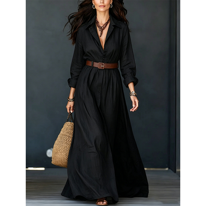 💖Women Long Sleeve Shirt Maxi Dress with Belt Classic Turndown Collar Holiday Resort Long Dress