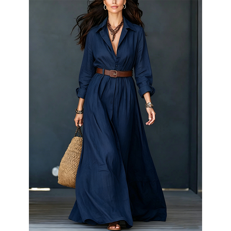 💖Women Long Sleeve Shirt Maxi Dress with Belt Classic Turndown Collar Holiday Resort Long Dress