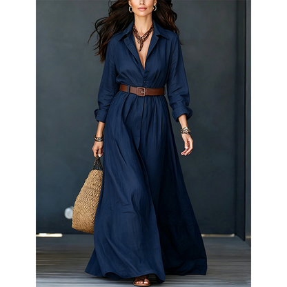 💖Women Long Sleeve Shirt Maxi Dress with Belt Classic Turndown Collar Holiday Resort Long Dress