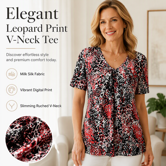🎉2026 Hot Sale 50% OFF💞 Women's V Neck Leopard Print Short Sleeve T-Shirt Pleated Tunic Top