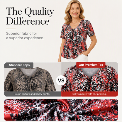🎉2026 Hot Sale 50% OFF💞 Women's V Neck Leopard Print Short Sleeve T-Shirt Pleated Tunic Top