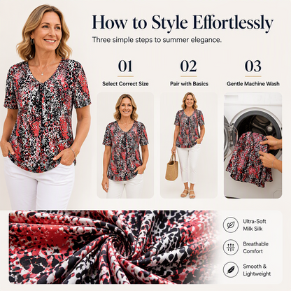 🎉2026 Hot Sale 50% OFF💞 Women's V Neck Leopard Print Short Sleeve T-Shirt Pleated Tunic Top