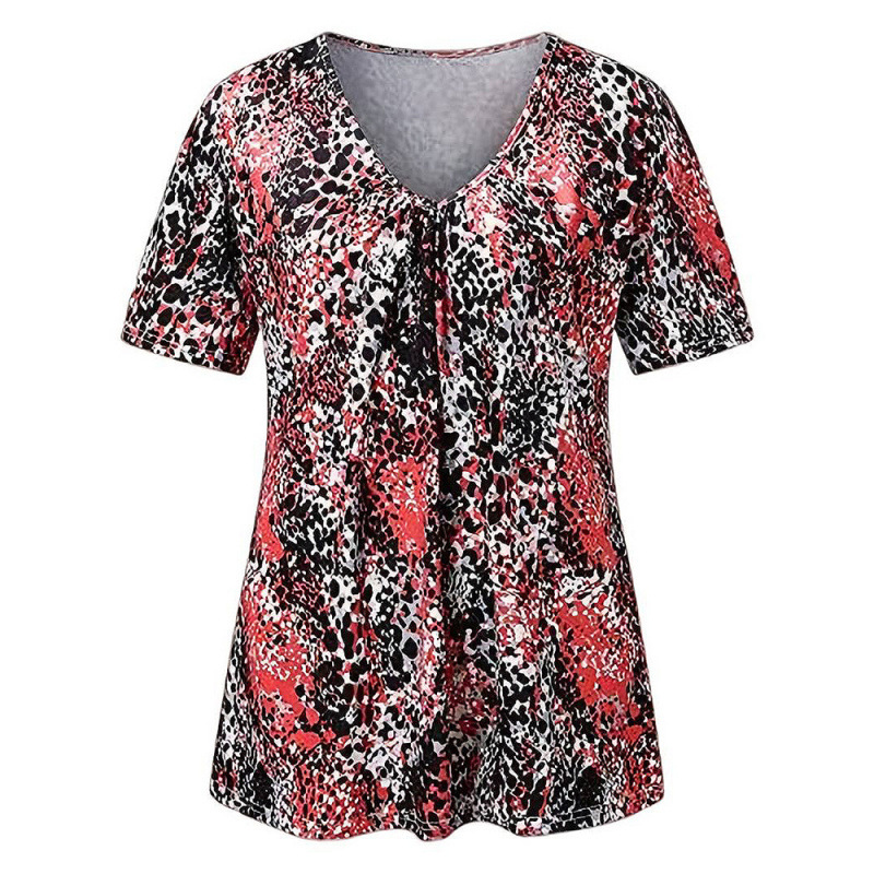 🎉2026 Hot Sale 50% OFF💞 Women's V Neck Leopard Print Short Sleeve T-Shirt Pleated Tunic Top