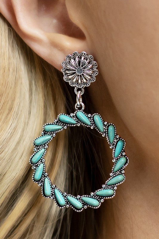 Western Circle Natural Stone Drop Earring
