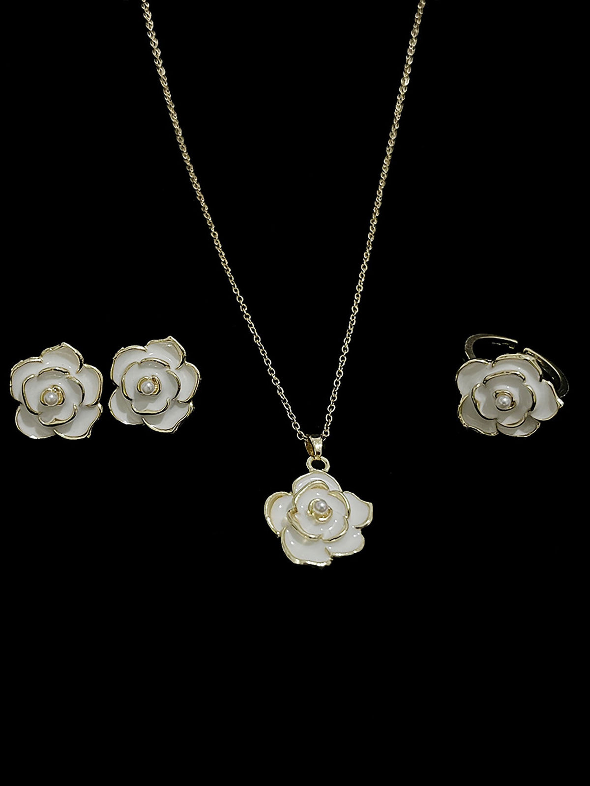3 Pieces Floral Faux Pearl Earrings Ring and Pendant Necklace Jewelry Set